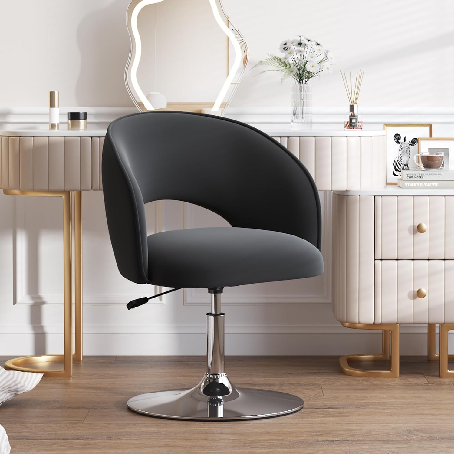 Furniliving Vanity Chair, Salon Chair Flexible Round-Back, 360° Accent Chair with Plated Frame Height Adjustable Swivel Chairs for Living Room, Bedroom, Lounge Pub Bar, Velvet, Black