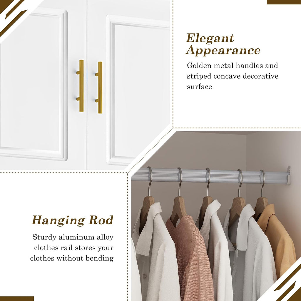 Hlivelood Large Armoire Wardrobe Closet Cabinet with Drawers and LED Lights, Multi-Tier Shelves, Hanging Rod, Large Capacity Storage 4 Door Wardrobe Armoire with Top Cabinet for Bedroom, White