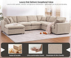 Oversized Modular Sectional Sofa, 7 Seater Cloud Couch with Ottoman | 130" Beige, Large U Shaped Convertible Corner Sofa In Chenille Fabric, Solid Wood Frame, for Spacious Living Room