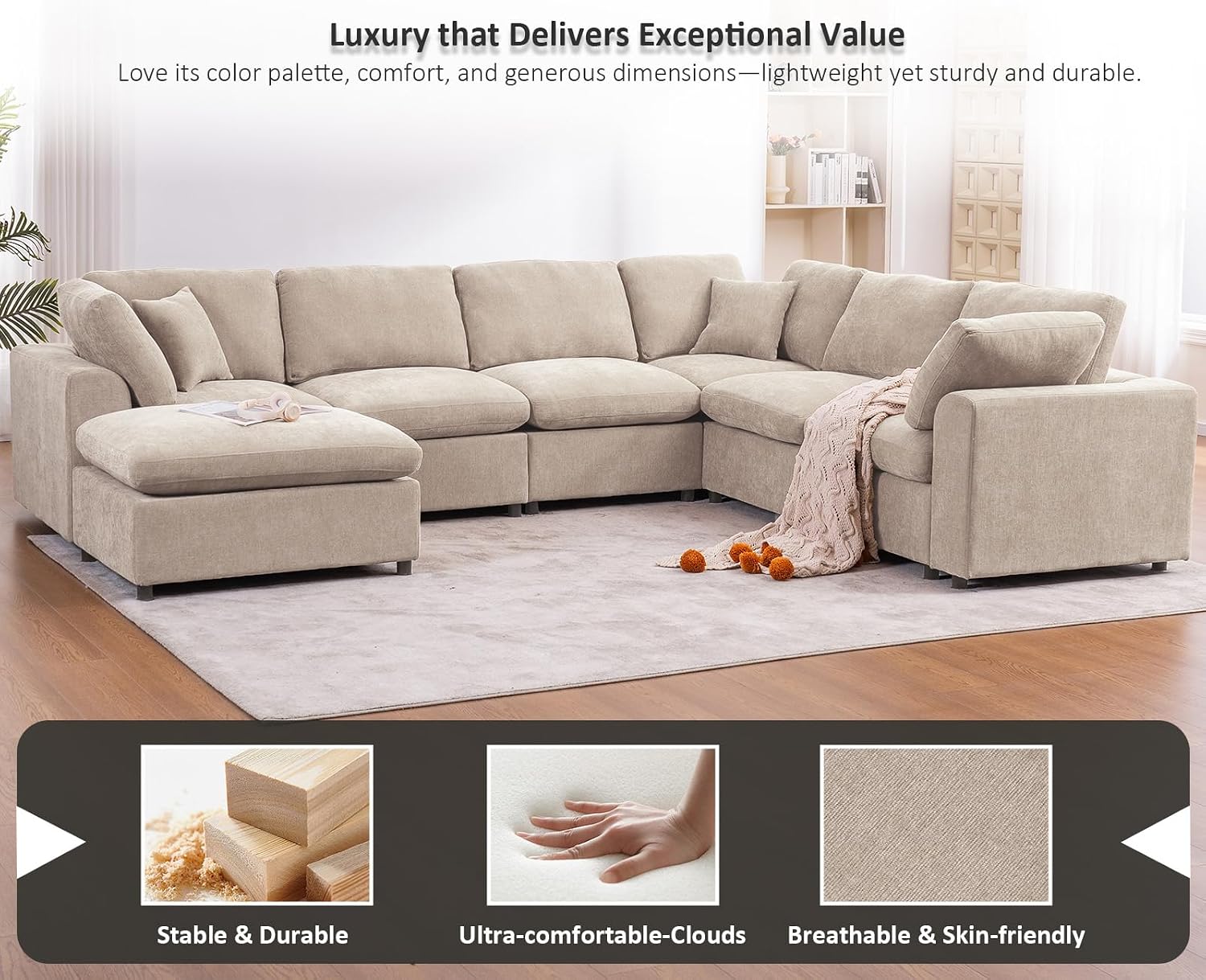 Oversized Modular Sectional Sofa, 7 Seater Cloud Couch with Ottoman | 130" Beige, Large U Shaped Convertible Corner Sofa In Chenille Fabric, Solid Wood Frame, for Spacious Living Room