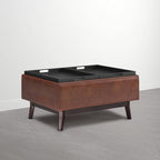SIMPLIHOME Owen 34" Vegan Leather Storage Ottoman in Distressed Pecan Brown