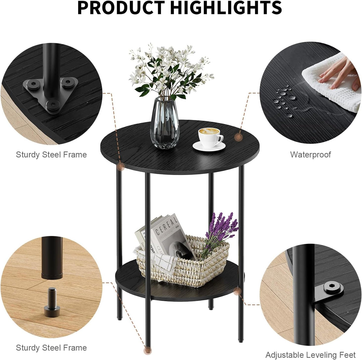 Side Table,Round End Table with 2 Storage Shelves| Compact Side Tables for Living Room, Couch, Office & Bedroom | Narrow Accent Table as Space-Saving Small Bedside Table 18x18x22in(Black)