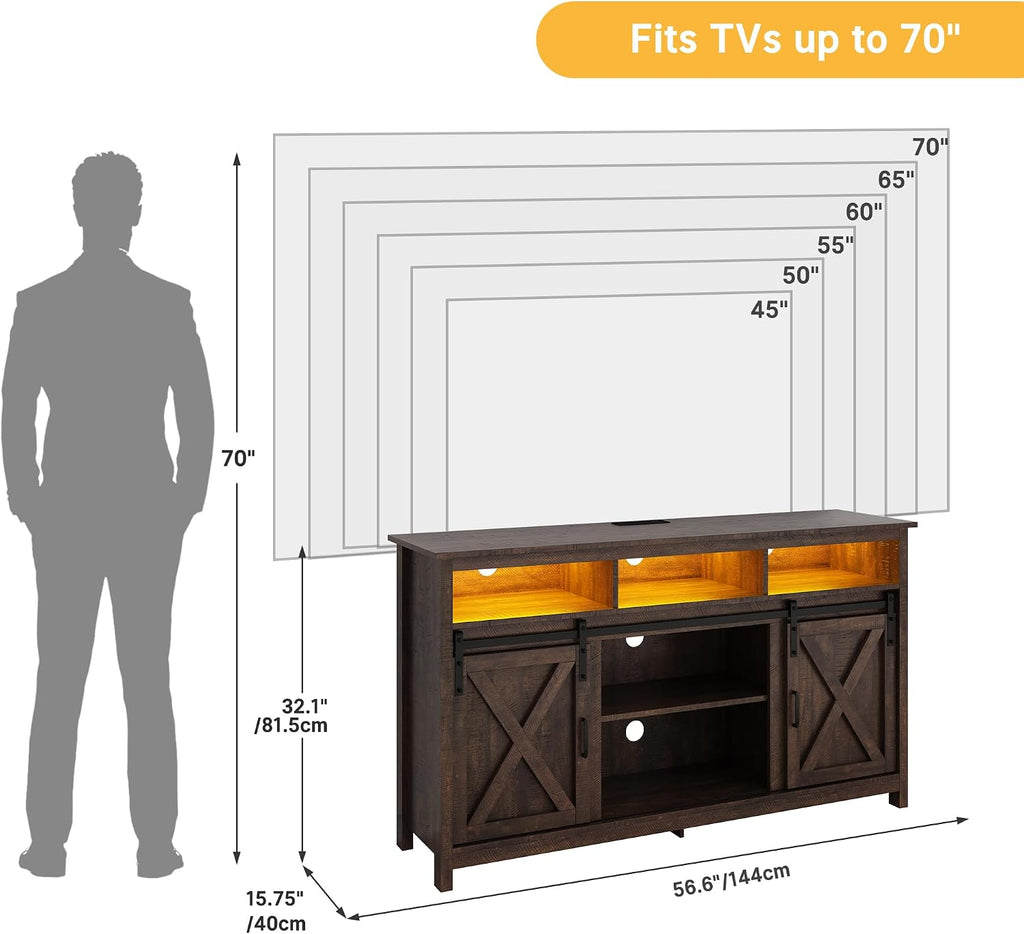 Vinctik 6&Fox 57In Wooden Farmhouse Entertainment Center for 60/65 inch TV,Double Layer Storage Farmhouse TV Stand,Double-Row Sockets with Wood Sliding Barn Door TV Stand(Double Layer Rustic Brown)