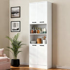 POWERSTONE Wood Kitchen Pantry Cabinet, 75" Tall Bathroom Storage Cupboard with 4 Doors & Shelves, Slim Freestanding Utility Hutch for Dining Room, Living Room, Bathroom White