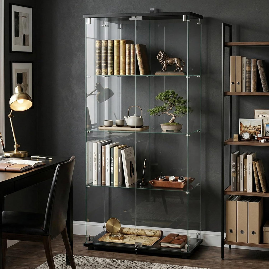 BEAUTYPEAK Tempered Glass Display Cabinet, Double Door, Black