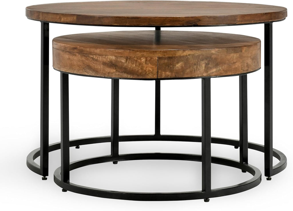 32" Natural Grain Side Coffee Table, Small Nesting Tables with Sturdy Iron Base, Nesting Table Set with Transitional Styling for Versatile Home Usage Areas, Brown+Black