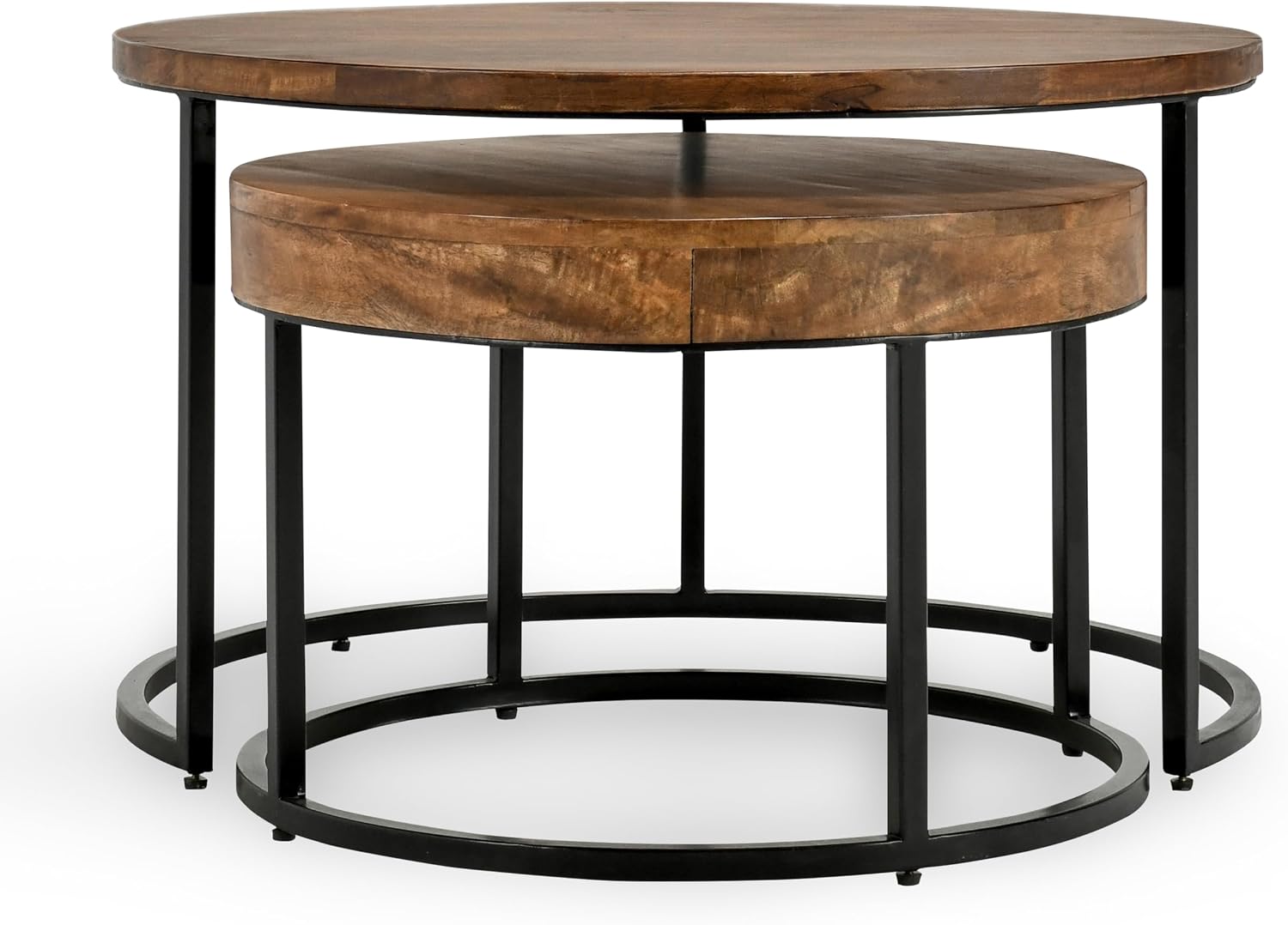 32" Natural Grain Side Coffee Table, Small Nesting Tables with Sturdy Iron Base, Nesting Table Set with Transitional Styling for Versatile Home Usage Areas, Brown+Black
