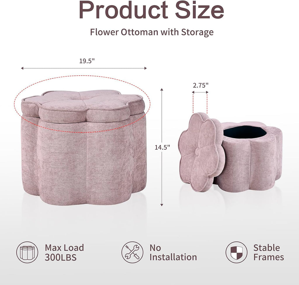 Crestview Collection 14.5" H Pink Flower Storage Ottoman,Sandy Pink | Chenille Fabric,Holds 300 LBS,Seating Foot Rest,For Bedroom Living Room Entryway,Home Decor