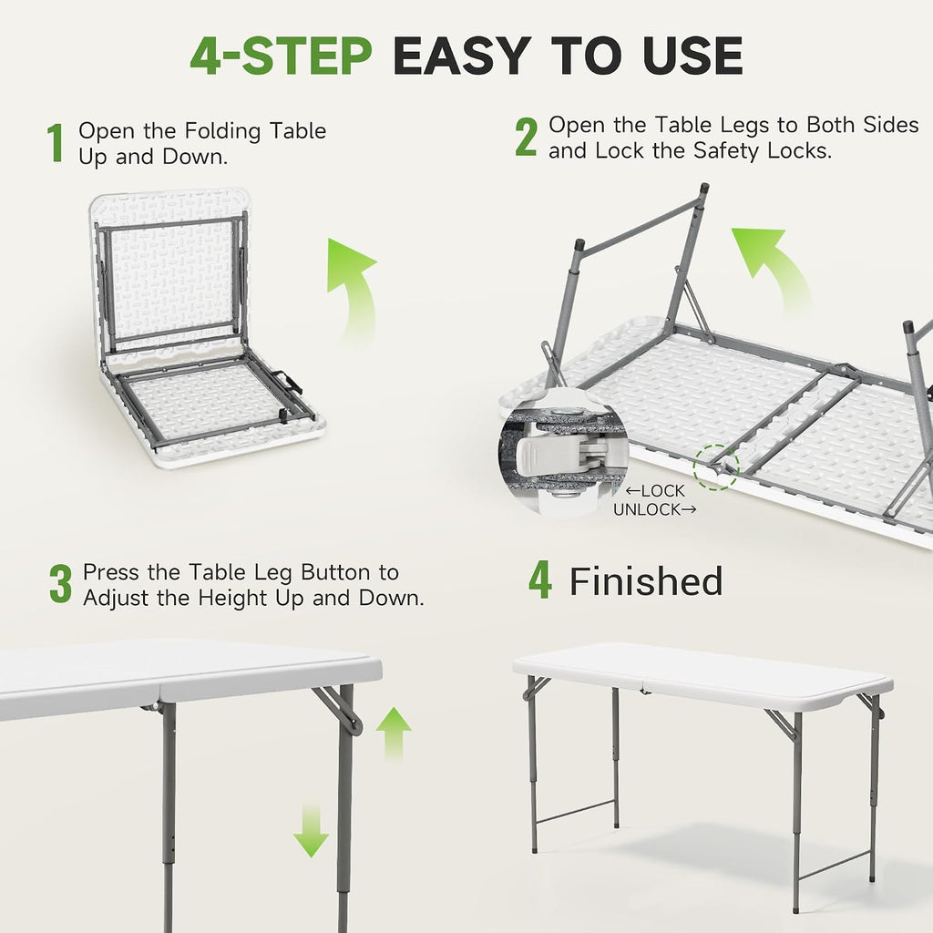 Folding Table 4 Foot with Black Table Cloth- 3-Position Adjustable Height, Heavy Duty 400 lbs Capacity - Portable Tables Folding for Camping, Party, Indoor & Outdoor Use, 2 Pack