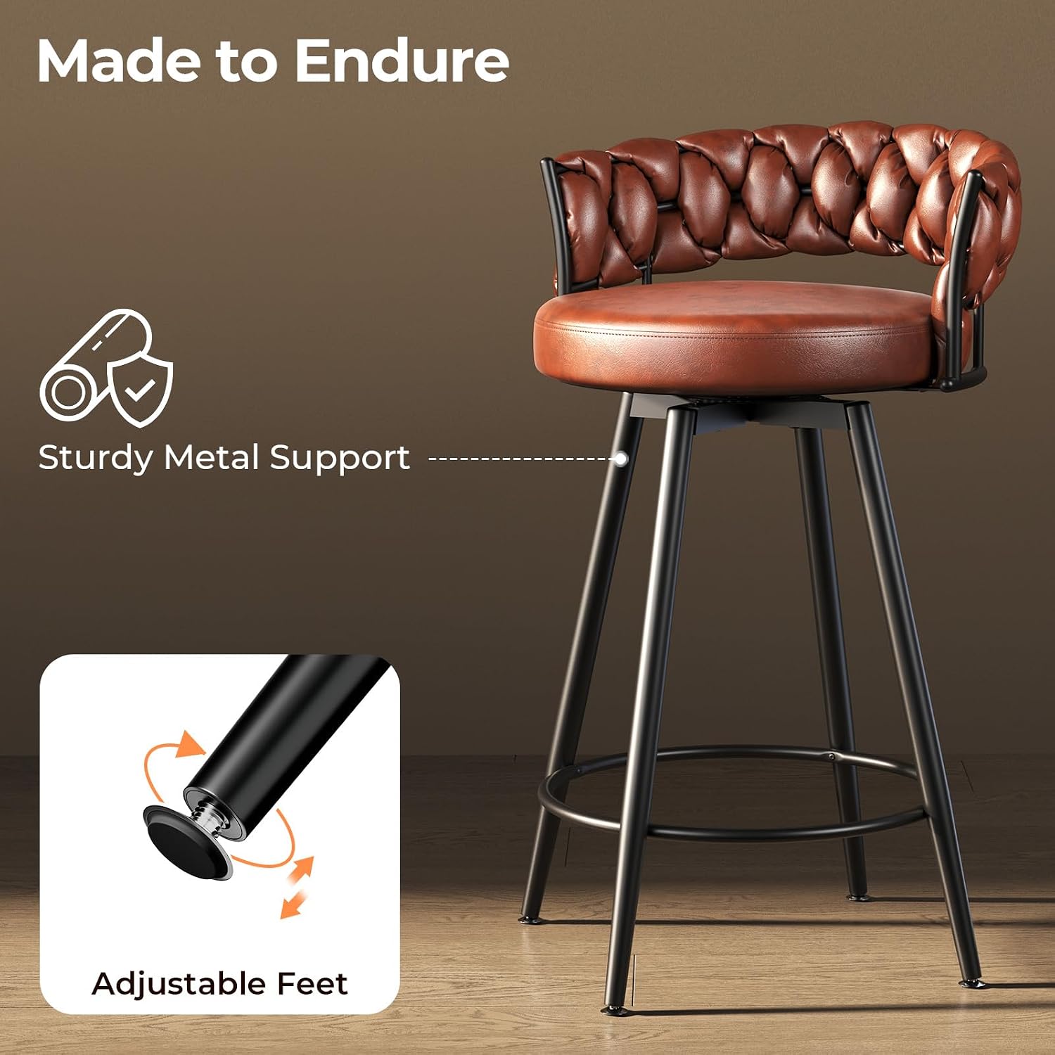 26" Counter Height Bar Stools Set of 3, Premium Faux Leather Barstools | Upholstered 360°Swivel Bar Chairs with Woven Backs Support & Heavy Duty Metal Legs for Kitchen Counter, Easy Assembly, Brown