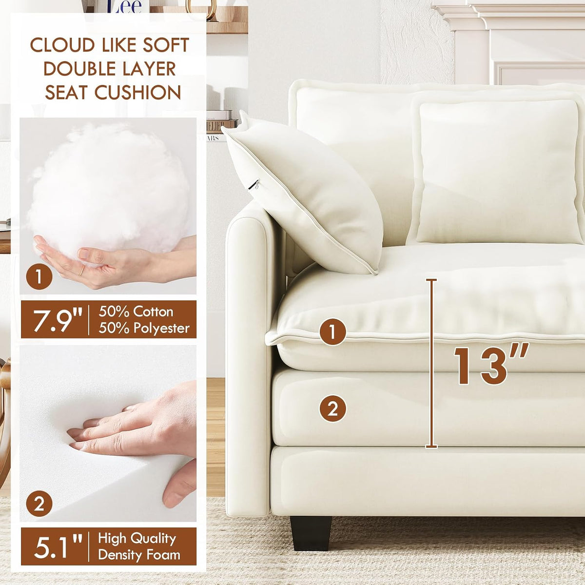WorthFurni 111.4" Modular Sectional Sofa, U Shape Cloud Couch with 2 Movable Ottoman, Comfy Chenille Deep Seat Sofa with Soft Pillows for Living Room Bedroom Apartment (Beige)