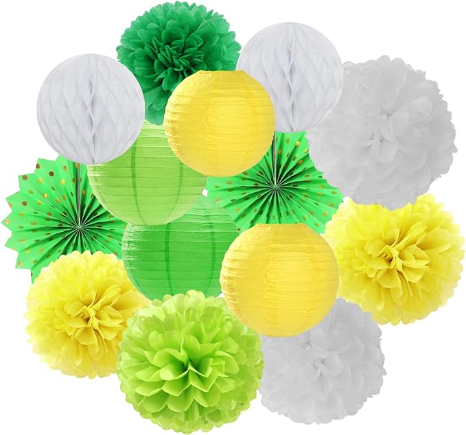 Yellow-White Green Party-Decorations Streamers-Lanterns - 14pcs Spring Summer Garden Tea Paper Fan,Birthday Baby Bridal Shower Wedding Tissue Pom Poms,Classroom Honeycomb Balls Decor Lasting Surprise