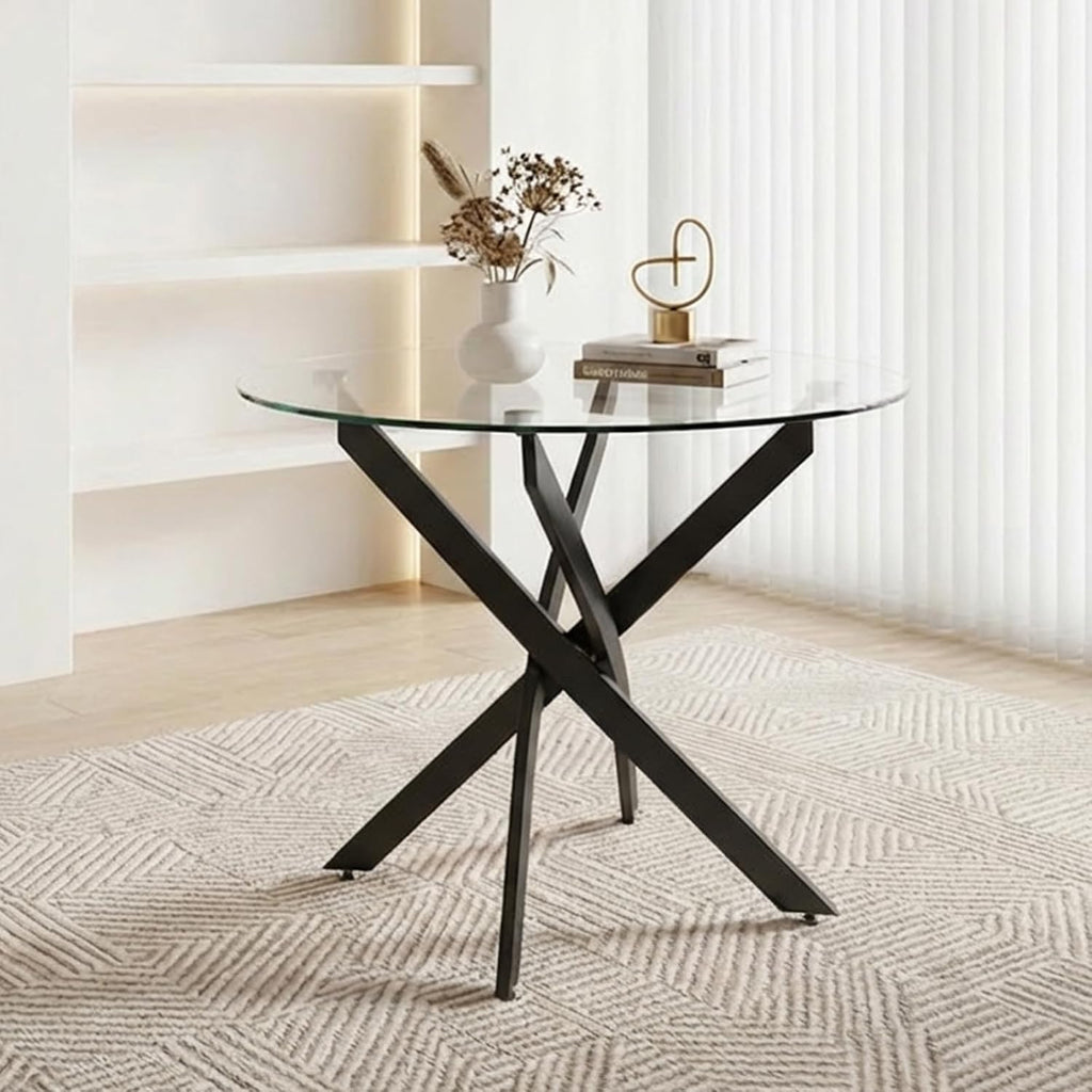 36" Round Glass Dining Table, Modern Kitchen Table with Clear Tempered Glass and Black Cross Metal Legs for Apartment, Small Spaces, Living Room