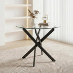 36" Round Glass Dining Table, Modern Kitchen Table with Clear Tempered Glass and Black Cross Metal Legs for Apartment, Small Spaces, Living Room