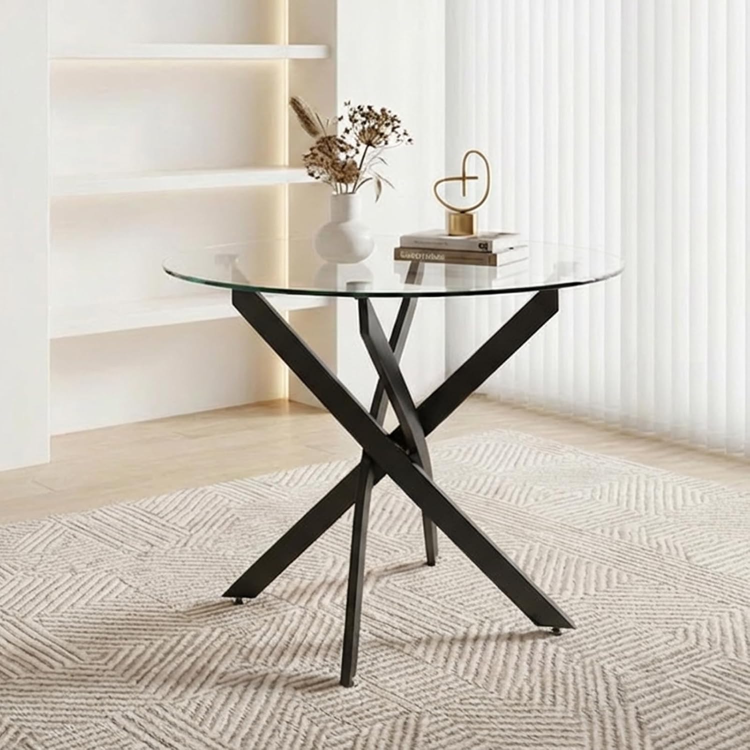 36" Round Glass Dining Table, Modern Kitchen Table with Clear Tempered Glass and Black Cross Metal Legs for Apartment, Small Spaces, Living Room
