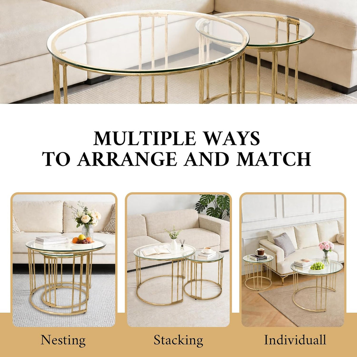 BEGINS Nesting Coffee Table Set of 2, 23.6" Round Coffee Table, Hand Forged Vintage Gold Center Table with Glass Top for Living Room, Bedroom, Balcony