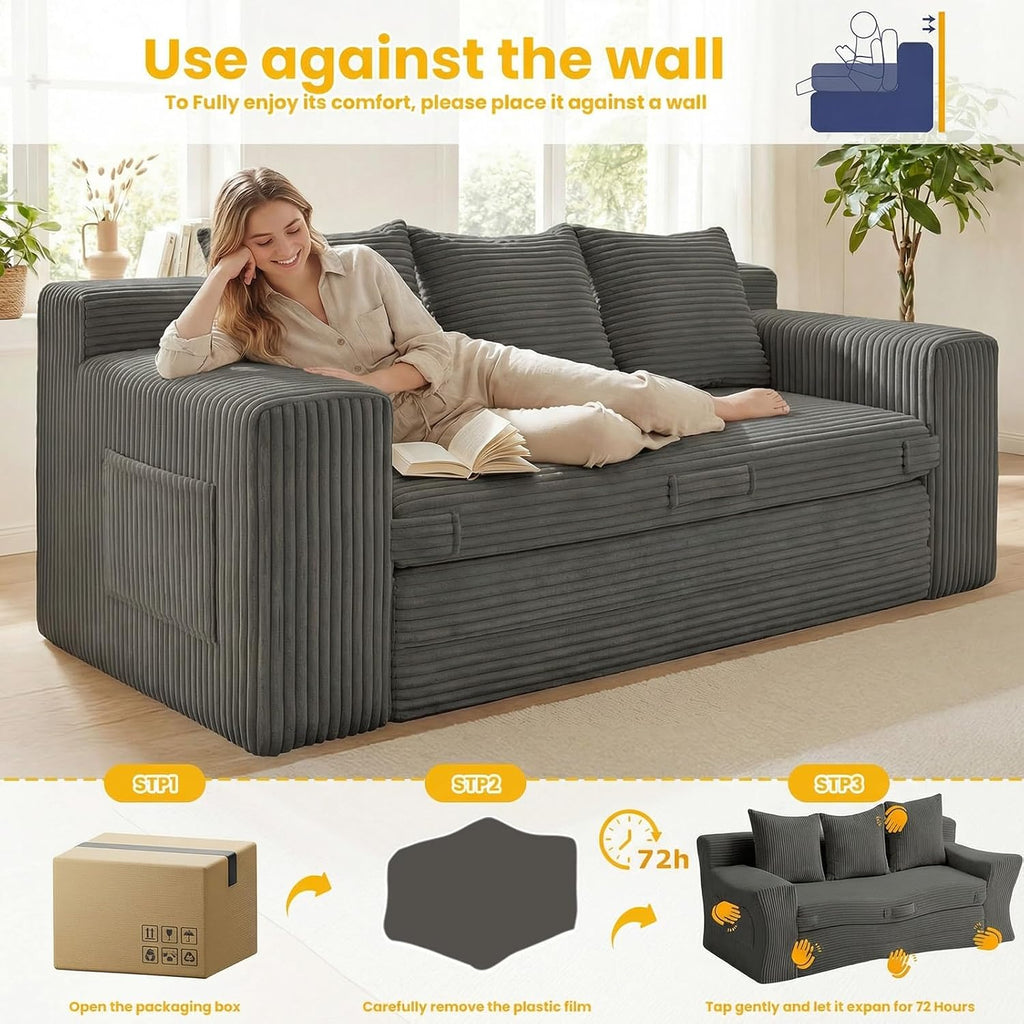 Couch,3 Seater Couch Bed – 3-in-1 Convertible Sleeper Sofa with Side Pockets & Handle,Pull Out Corduroy Futon for Small Space,Living Room & Bedroom, 3 Pillows Included,No Assembly