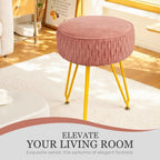 Velvet Vanity Stool Footrests, Round Ottoman Vanity Chairs with Anti-Slip Feet, Dressing Table Seat Foot Stool with Black Legs, Furry Padded Seat Side Table for Makeup Bedroom(Pink, Golden)