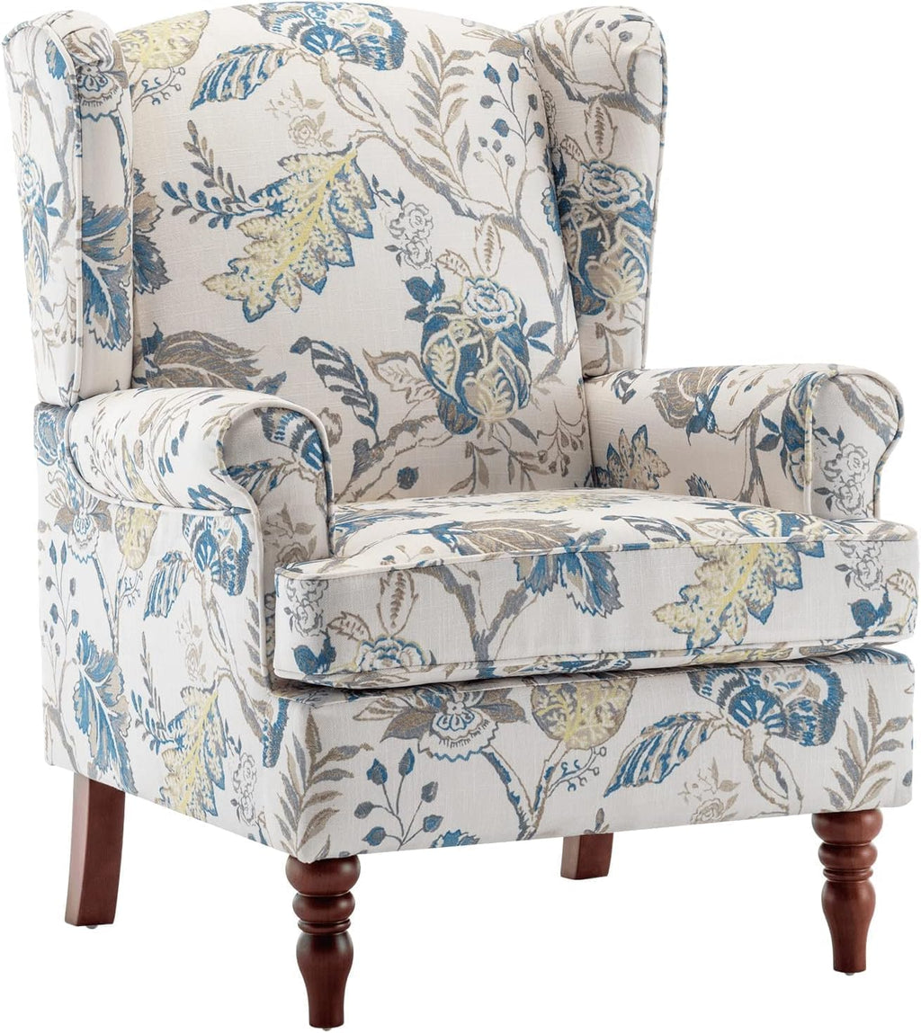 EROMMY Floral Accent Chair, Comfortable High Back Upholstered Armchair with Solid Wood Legs, Leisure Single Sofa Chair for Living Room, Home Office, Bedroom, Blue Floral