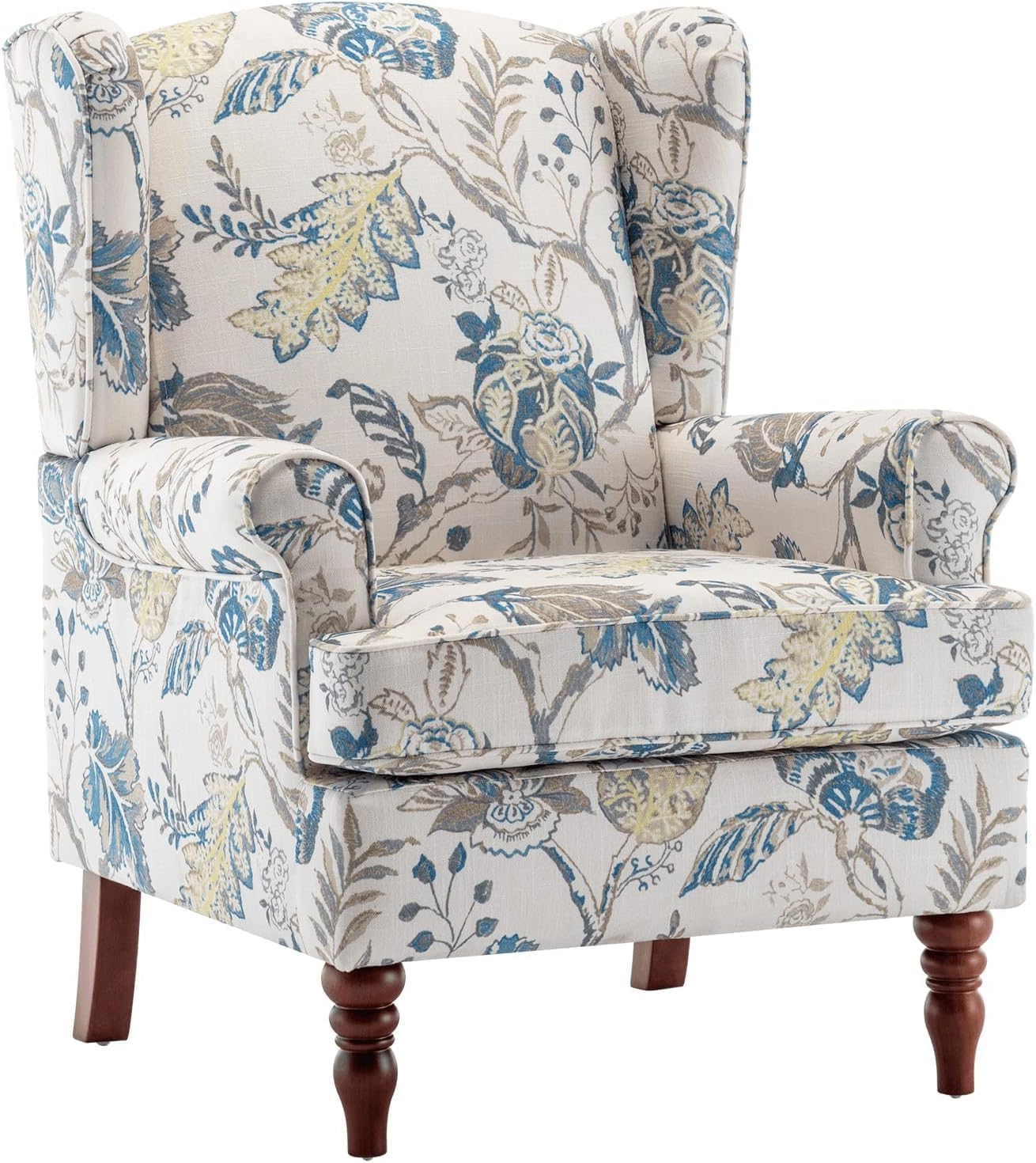 EROMMY Floral Accent Chair, Comfortable High Back Upholstered Armchair with Solid Wood Legs, Leisure Single Sofa Chair for Living Room, Home Office, Bedroom, Blue Floral