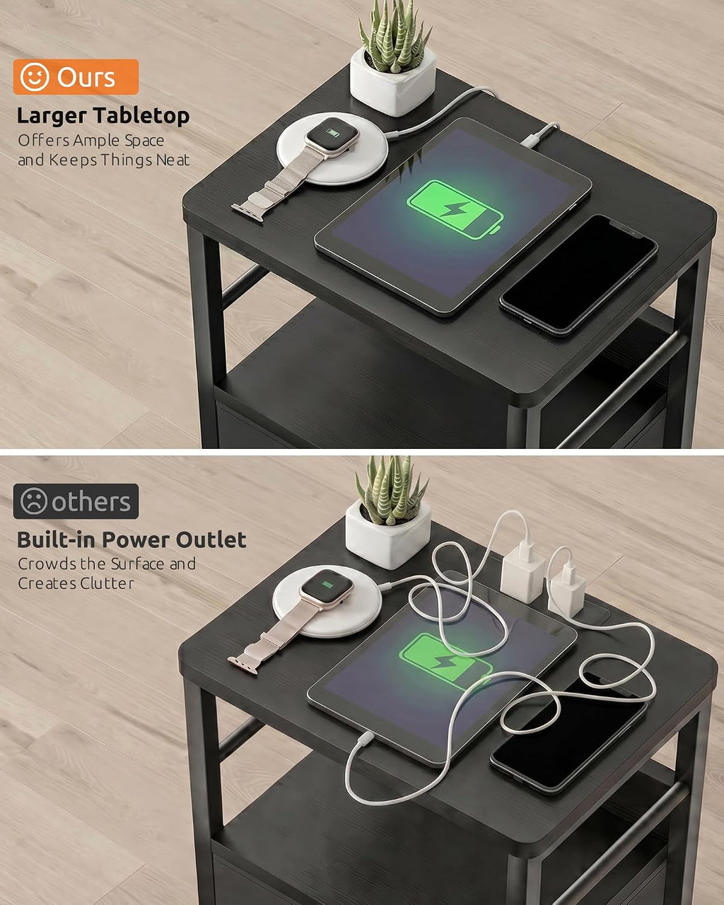 Lazzanto Nightstands Set of 2 with Charging Station, Black Night Stand | 1 Fabric Drawer, Open Shelf, Hooks, USB-C USB-A Port AC Outlets, Bedroom, Living Room, Dorm, 2-pack