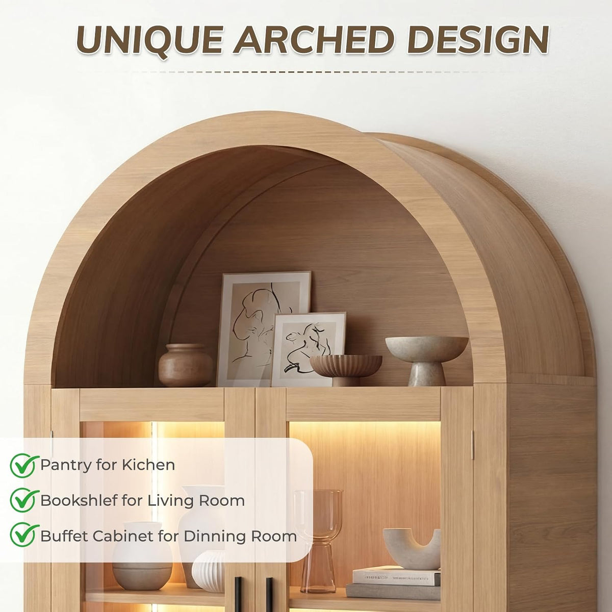 71” Tall Arched Kitchen Pantry with X-Pattern Glass Doors & RGB Lighting, Storage Cabinet Display Cabinet with Adjustable Shelves, Modern Pantry Cabinet for Kitchen, Living Room & Dining Room