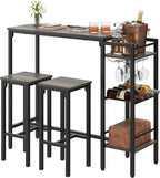 Weehom Bar Table and Chairs Set for Small Kitchens and Apartments - Space-Saving Dining Table Set for 2, 3 Storage Shelves with Bulit-in Wine Rack, Dining Room Breakfast Nook Table Set, Gray