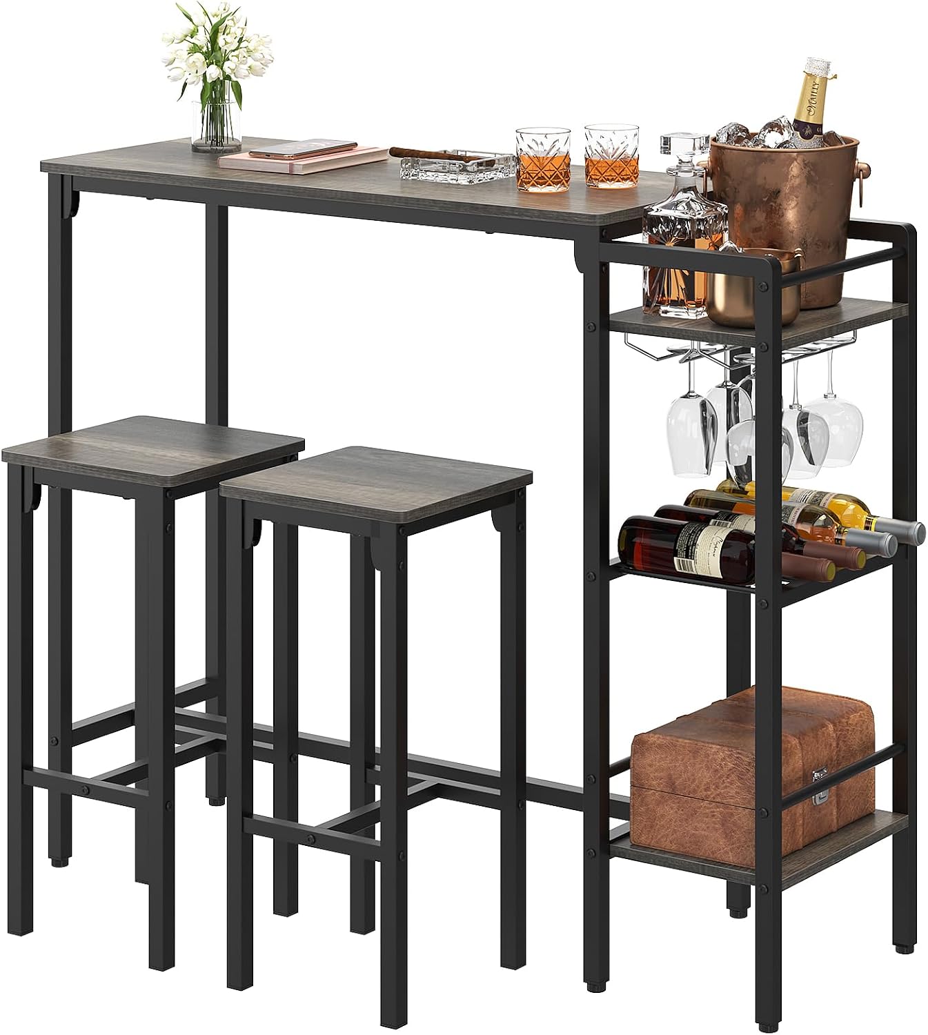 Weehom Bar Table and Chairs Set for Small Kitchens and Apartments - Space-Saving Dining Table Set for 2, 3 Storage Shelves with Bulit-in Wine Rack, Dining Room Breakfast Nook Table Set, Gray