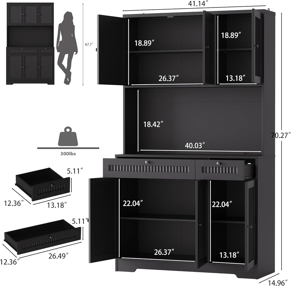 Pantry Storage Cabinet with Charging Station, Kitchen Storage with Adjustable Shelves, Food Pantry Cabinet with Coffee Bar Storage, Modern Kitchen Cupboard for Dining Room, Living Room, Black