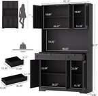 Pantry Storage Cabinet with Charging Station, Kitchen Storage with Adjustable Shelves, Food Pantry Cabinet with Coffee Bar Storage, Modern Kitchen Cupboard for Dining Room, Living Room, Black