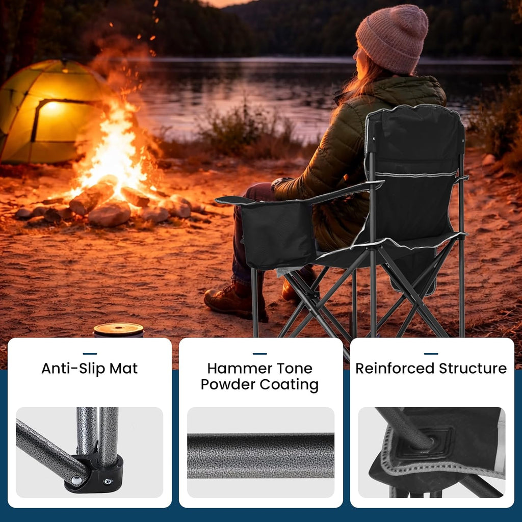 Oversized Camping Chair 500lbs Capacity for Big and Tall, 2 Pack Extra Wide Padded Folding Chair for Heavy People, Heavy Duty Portable Outside Chair with Cooler Bag & Cup Holder, Black