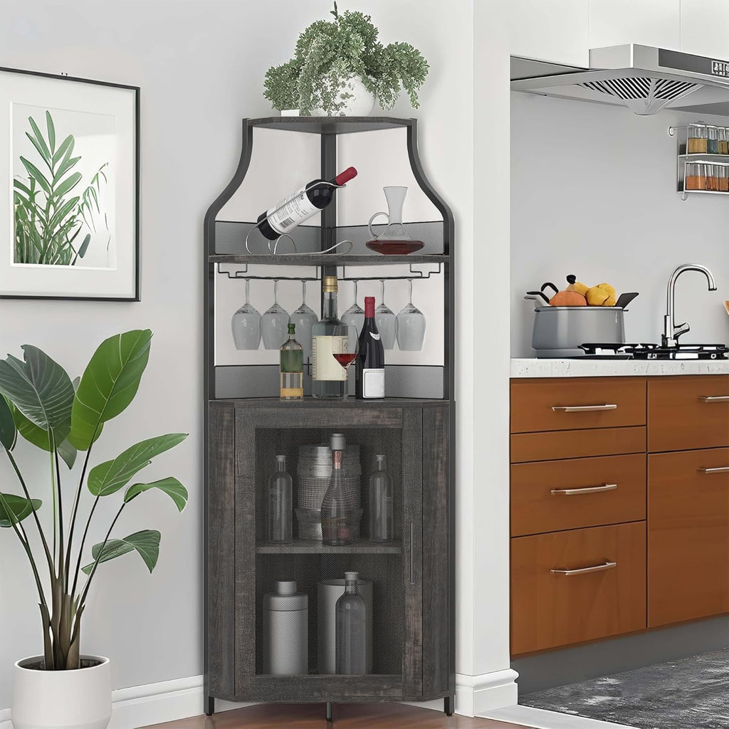 Garvee Corner Wine Rack Cabinet for Liquor Cabinet with Adjustable Shelves, 61 in Industrial Tall Bar Cabinet Freestanding with Mesh Door and Glass Holder for Kitchen, Rustic Brown