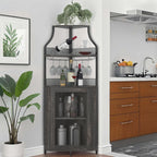 Garvee Corner Wine Rack Cabinet for Liquor Cabinet with Adjustable Shelves, 61 in Industrial Tall Bar Cabinet Freestanding with Mesh Door and Glass Holder for Kitchen, Rustic Brown