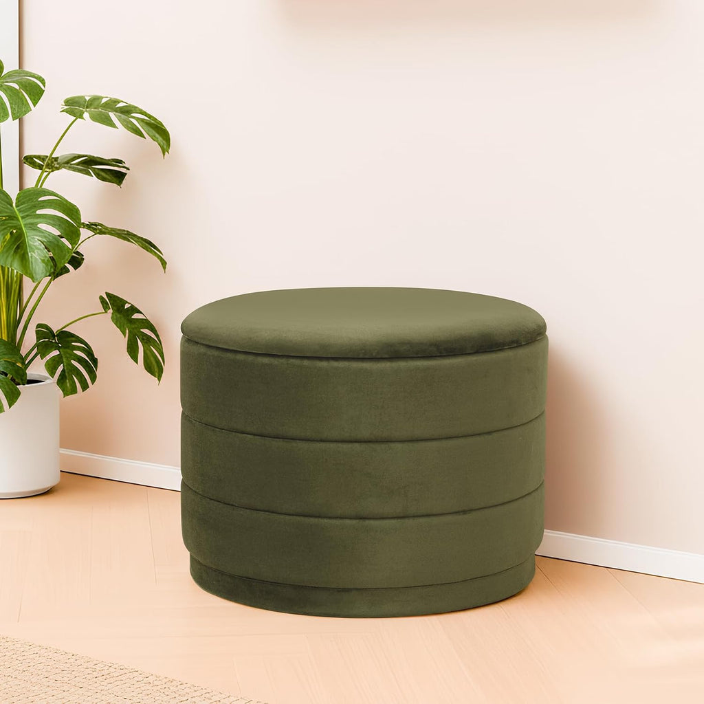 23" Round Velvet Storage Ottoman with Reversible Lid, Soft Padded Footrest and Hidden Storage, Large Upholstere Tray Top Ottoman Footstool for Living Room, Bedroom, Entryway, Olive Grreen