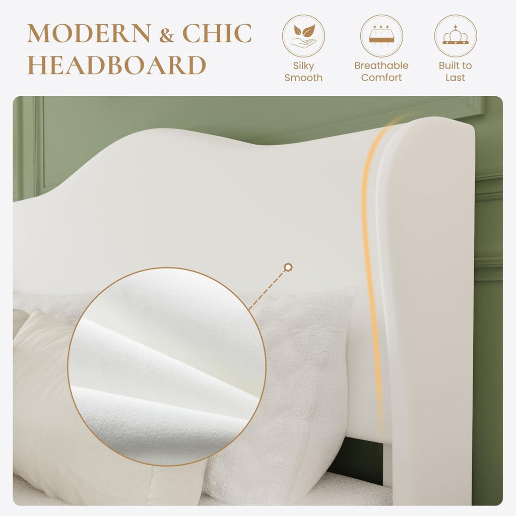 SHA CERLIN Full Size Bed Frame with Curved Wingback Headboard,Soft White