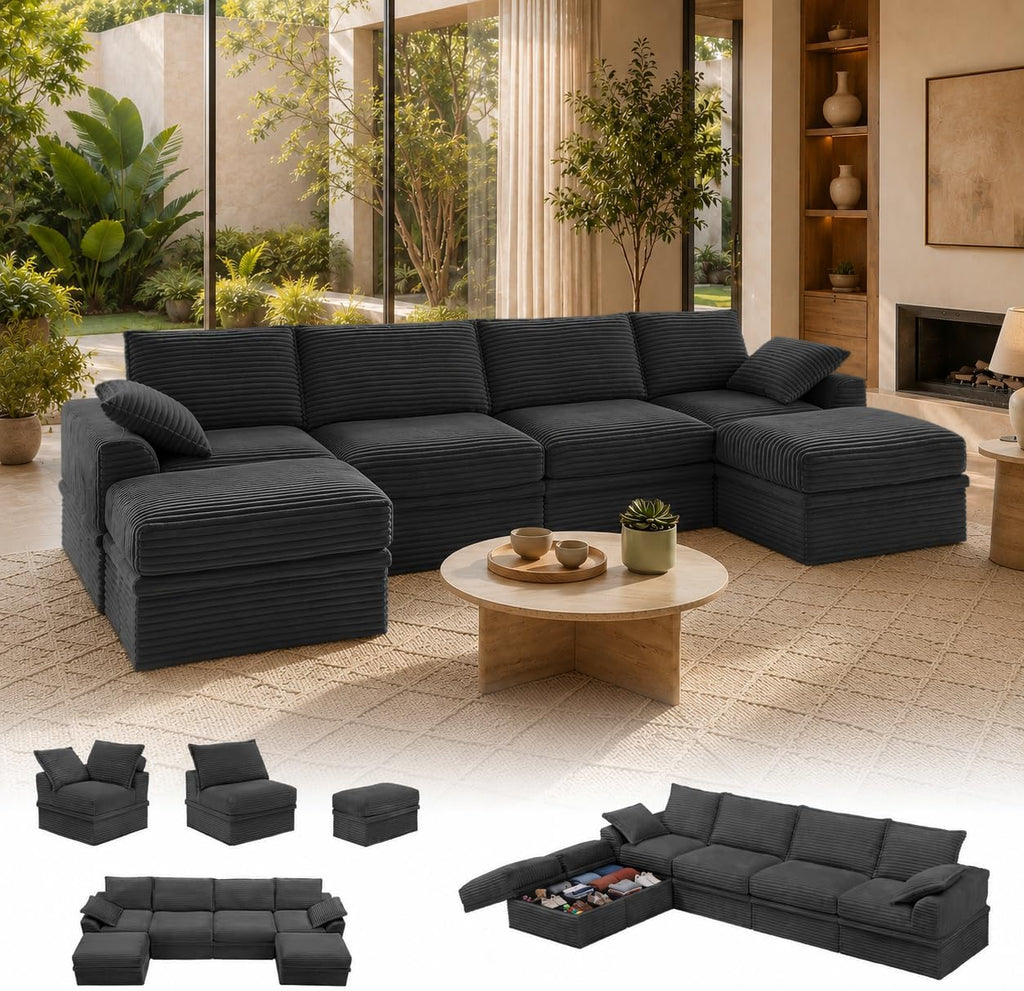 142" Upgraded Couch with Storage, Modular Sectional Couches for Living Room, Oversized Deep Seat 6-Seat U Shaped Cloud Sofa with Ottoman & Pillows,Corduroy,No Assembly (Gray)
