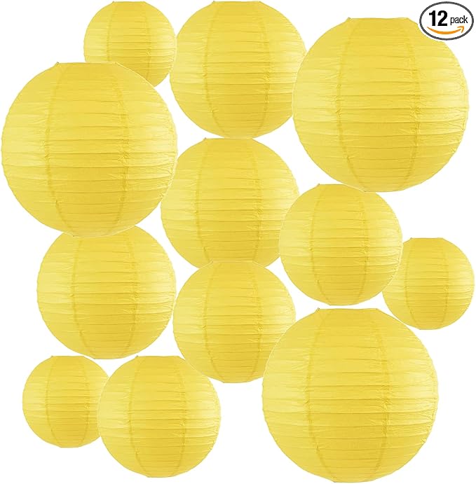 12Pcs Round Paper Lanterns Assorted Sizes (6" 8" 10" 12") for Home Decor, Restaurant, Church, Wedding, Birthday Party Decorations, Hanging Chinese Japanese Paper Lantern Lamps (Yellow)
