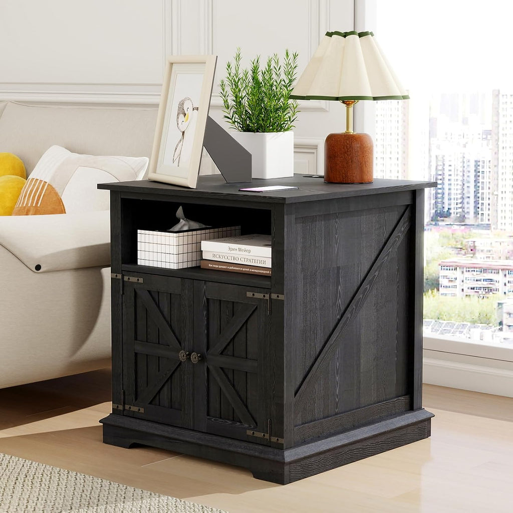MUUEGM End Table Set of 2 Large Side Table 24" Farmhouse Nightstands with Charging Station Wood Bedside Night Stands with Adjustable Storage Shelf for Living Room, Bedroom