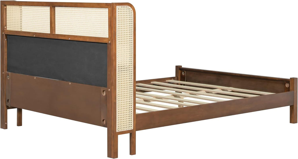 Merax Classic Retro Queen Platform Bed with Rattan Headboard, Wood Bed Frame No Box Spring Needed/Easy Assemble, Walnut + Green