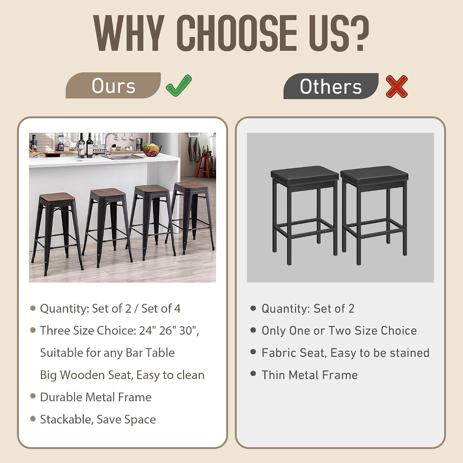 Alunaune 30" Metal Bar Stools Set of 2 Stackable Counter Height Barstools Backless Industrial Kitchen Bar Chairs with Wooden Seat-Matte Black