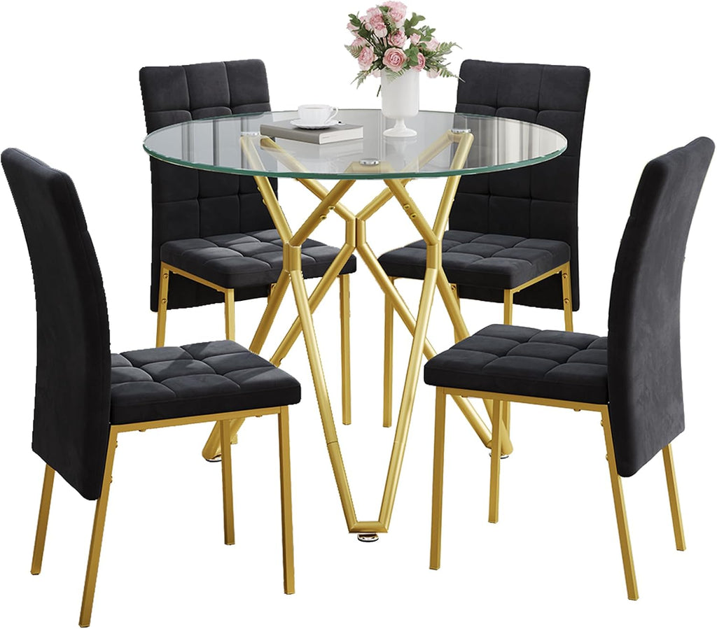 5-Piece Dining Table Set with 4 Black Chairs, 36" Round Dining Table & Chairs Set for 4, Circle Kitchen Table with Gold Metal Frame & Tempered Glass Top, Perfect for Small Space