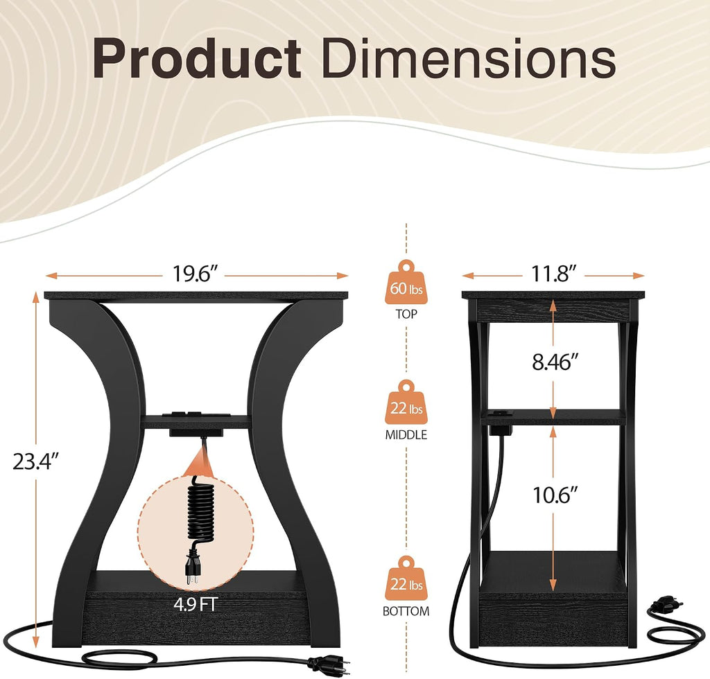 SUPER DEAL End Table Set of 2, Curved Frame Nightstand, Narrow Side Table with Charging Station for Living Room, Bedroom, Small Spaces, 2 USB and 2 Power Outlets, 19.6" W x 11.8" D x 23.4" H, Black