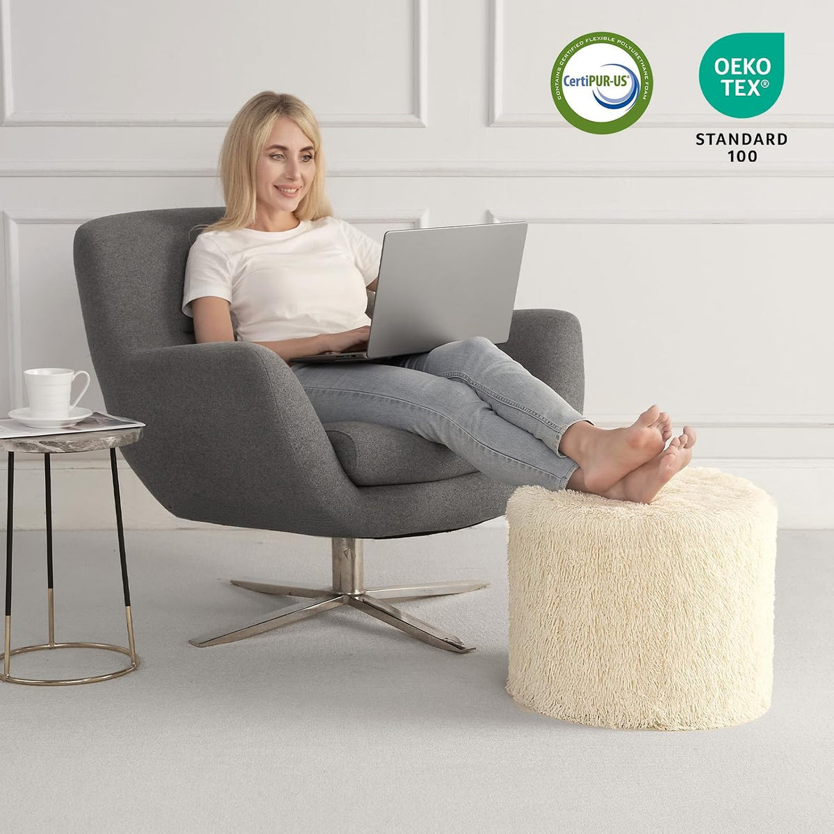 Hansleep Round Pouf Ottoman Foot Rest, Footstool, 17 x 14 Inch, Beige | High-Density One-Piece Foam, Firm & Stable, for Couch, Bedroom, Living Room, Mechine Washable Cover