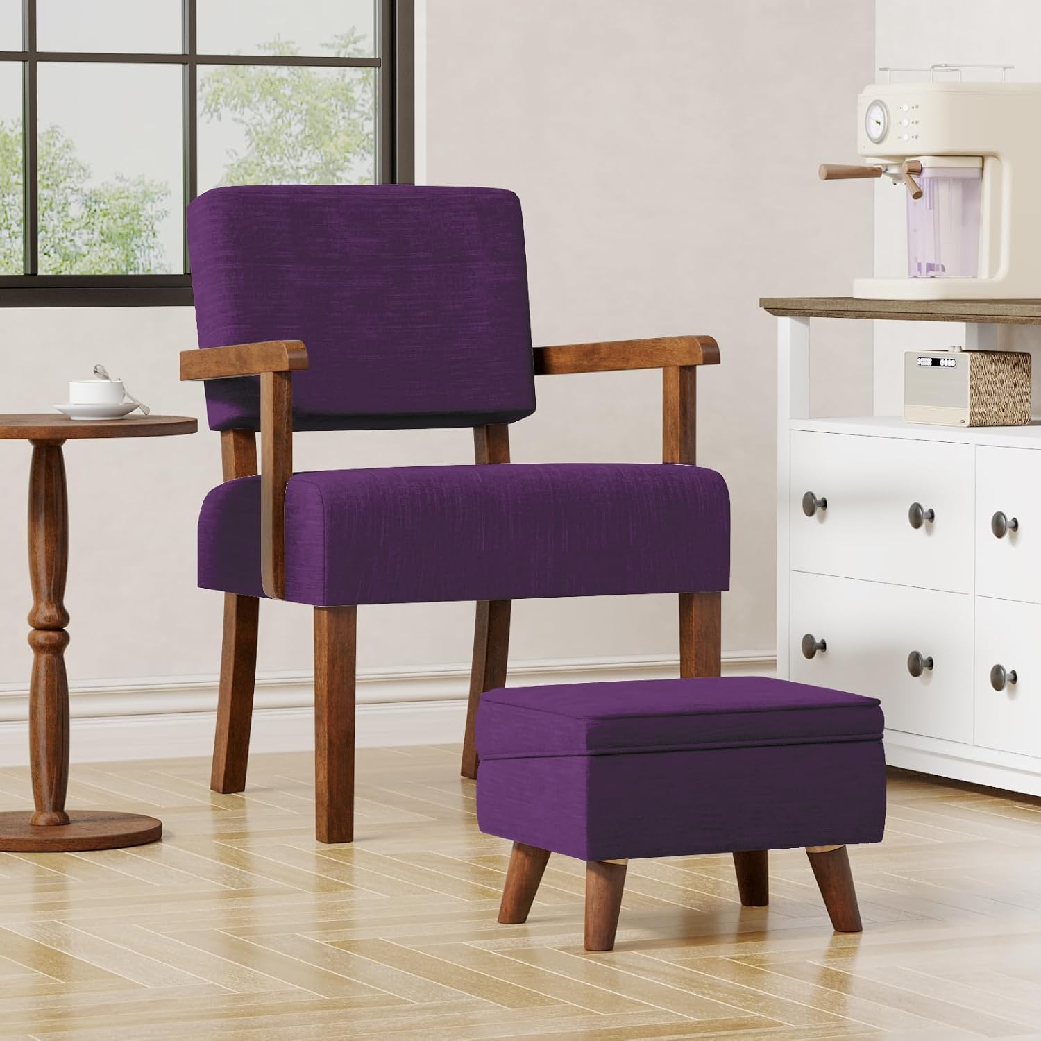 FAGAGA Storage Ottoman, Small Foot Stool Ottoman with Adjustable Lid | Sturdy Wood Legs, Modern Foot Rest for Living Room, Bedroom, Couch, Enterway, Purple
