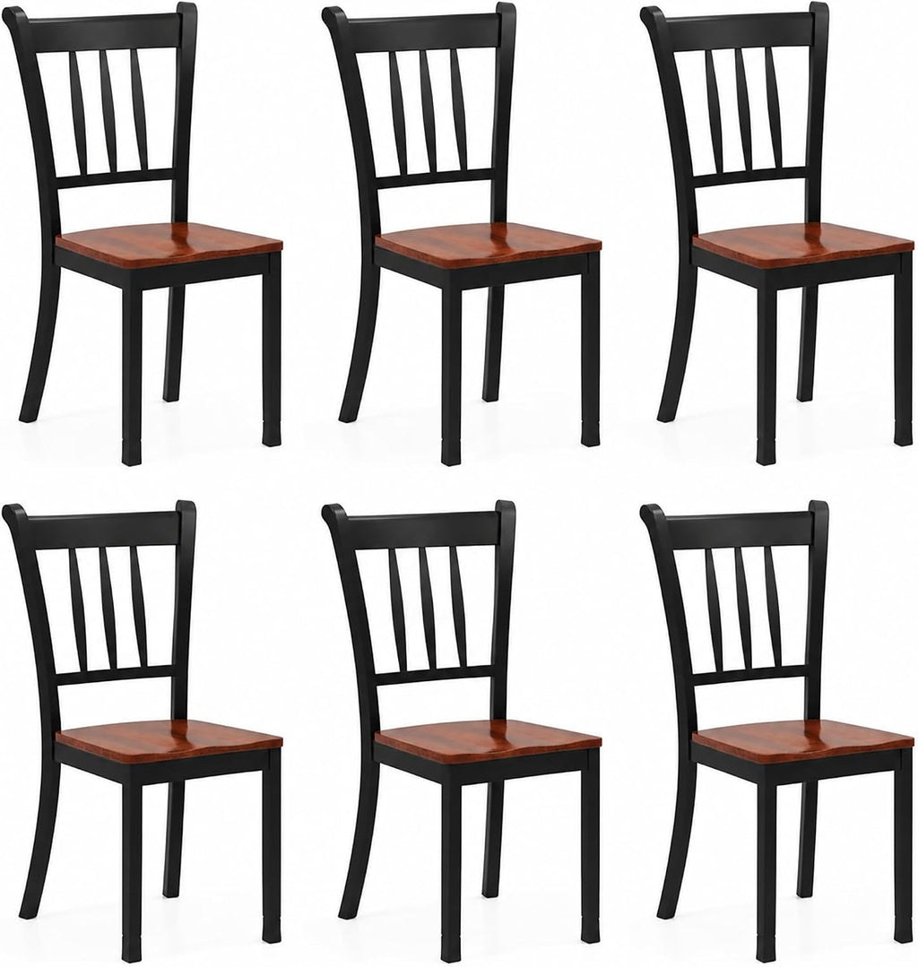 POWERSTONE Dining Chairs Set of 6, Rubberwood Kitchen Chairs, Black | Farmhouse Dining Chairs with W-Shaped Seat & Spindle High Back for Dining Room, Cafe, Canteen