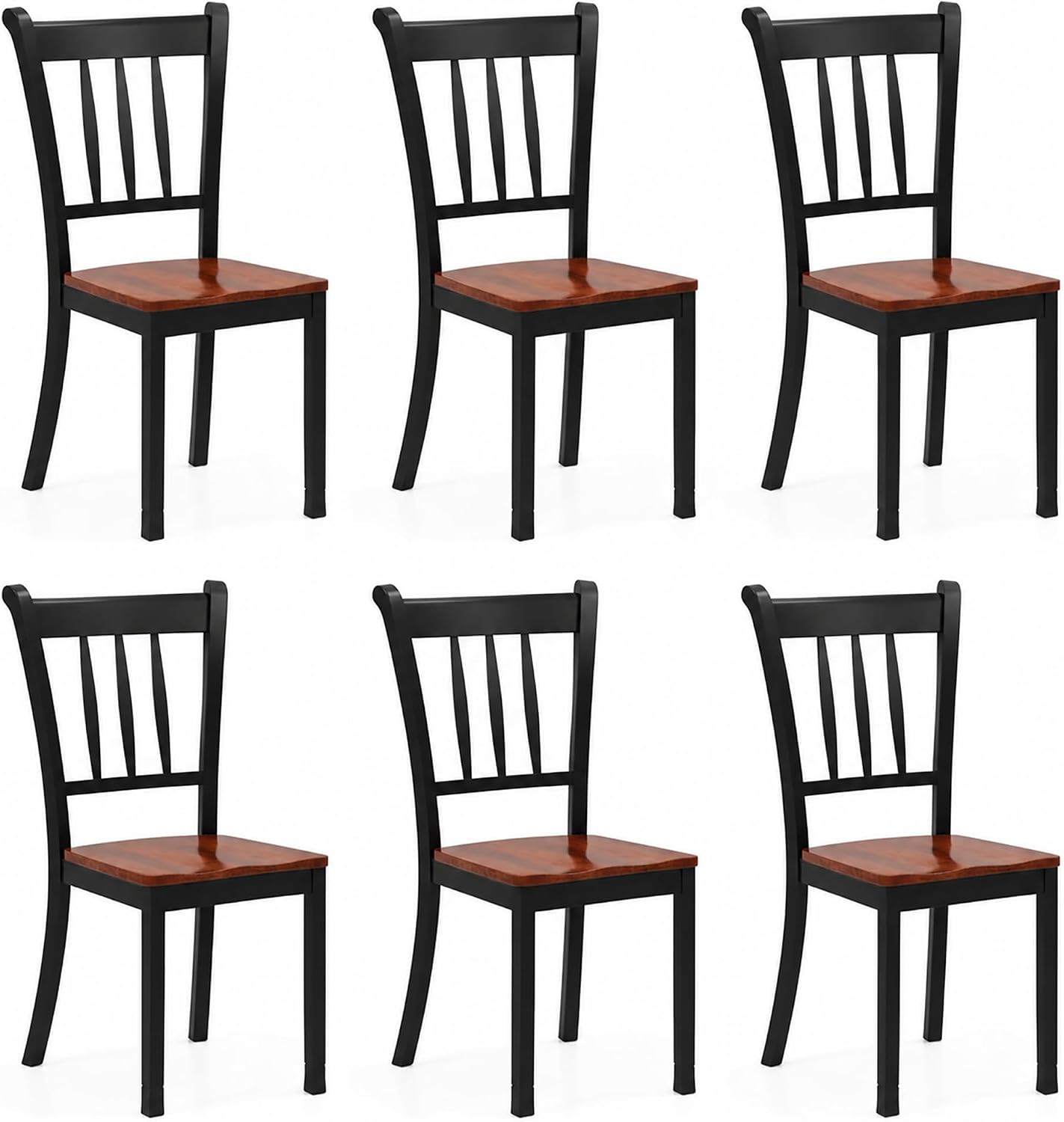 POWERSTONE Dining Chairs Set of 6, Rubberwood Kitchen Chairs, Black | Farmhouse Dining Chairs with W-Shaped Seat & Spindle High Back for Dining Room, Cafe, Canteen