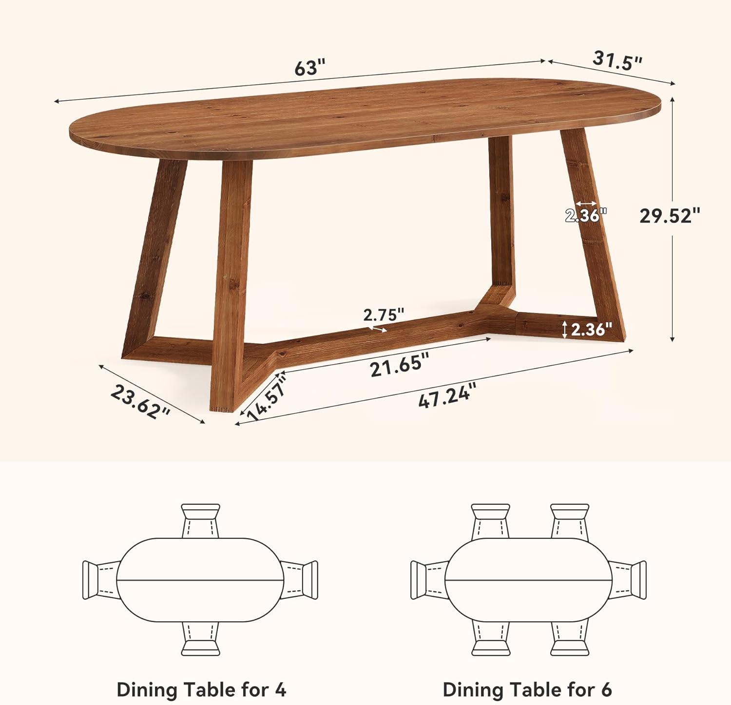 63" Solid Wood Oval Dining Table, Farmhouse Kitchen Table for 4-6 People, Rusitc Wood Dinner Table with Sturdy Base for Living Room, Dining Room, Apartment (Natural Brown)