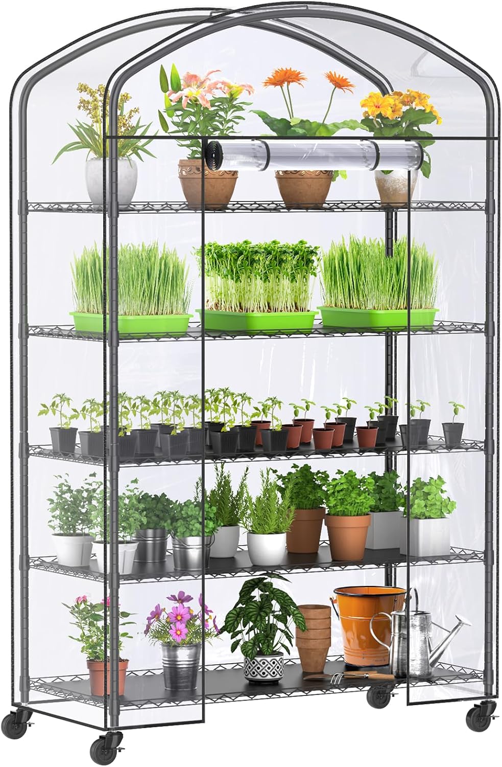 Abimars 5-Tier Greenhouse with Caster Wheel, Each Shelf Height Adjustable Metal Plant Shelf with PVC Cover for Seed Starting Trays, Seedling Pots, Plant Pots, 21x49x80inch