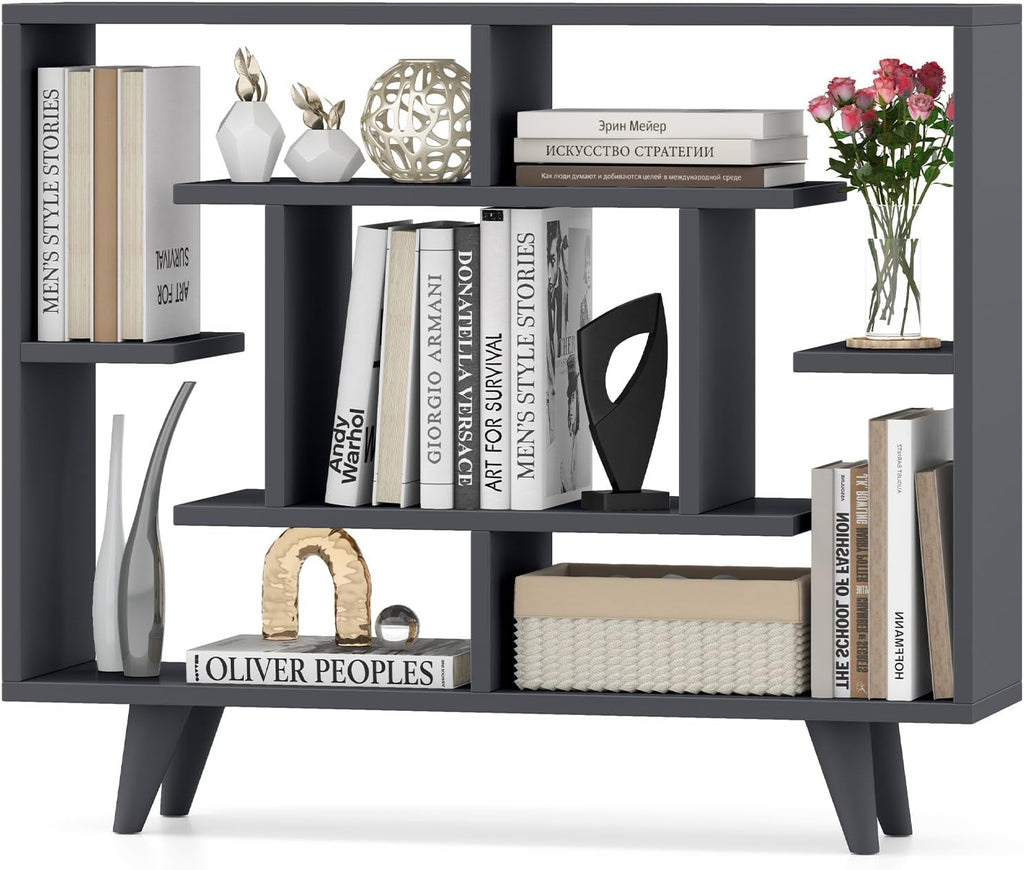 Giantex 3 Tier Geometric Bookshelf, Modern Freestanding Bookcase w/Staggered Shelves, Decorative Open Storage Display Shelves with Legs, Mid Century Storage Organizer for Living Room (Dark Gray)