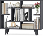 Giantex 3 Tier Geometric Bookshelf, Modern Freestanding Bookcase w/Staggered Shelves, Decorative Open Storage Display Shelves with Legs, Mid Century Storage Organizer for Living Room (Dark Gray)